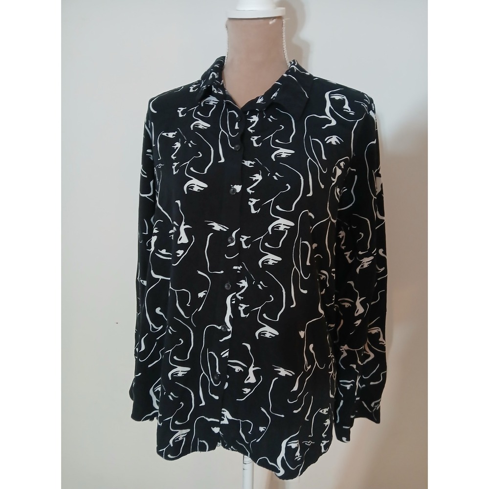 Big Dart 3x Abstract Face Line Art Print Button Down Blouse Womans Black Funky
